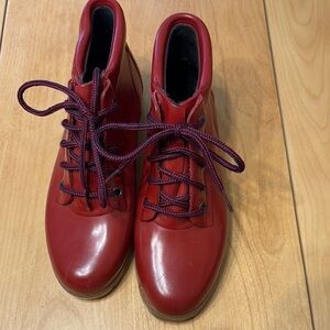 Vintage Lands End red rubber hiking rain boots.  Lace up.  Size 8